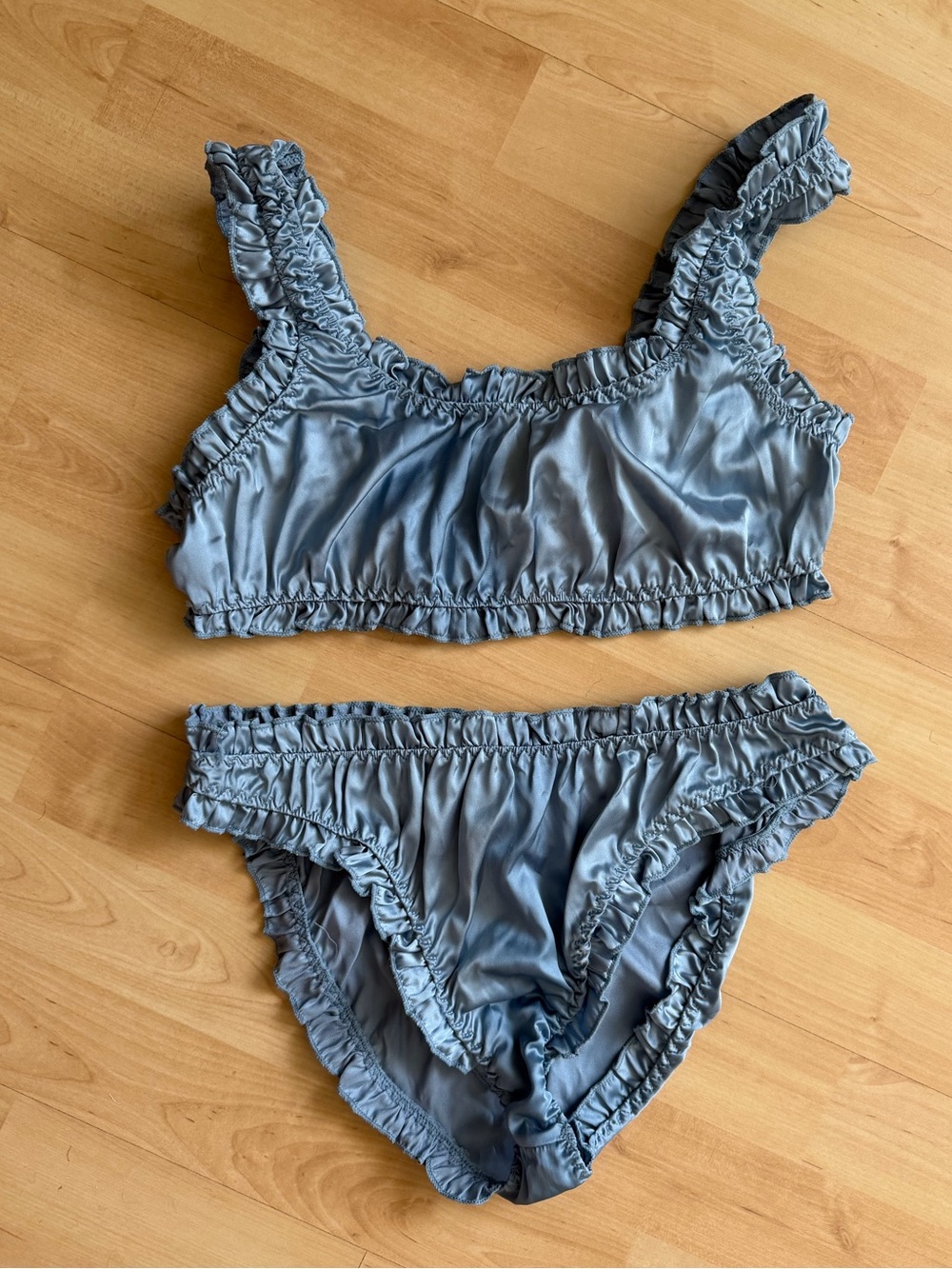 Current Mood Satin Ruffle Bralette & High-Waist Panties Set Blue